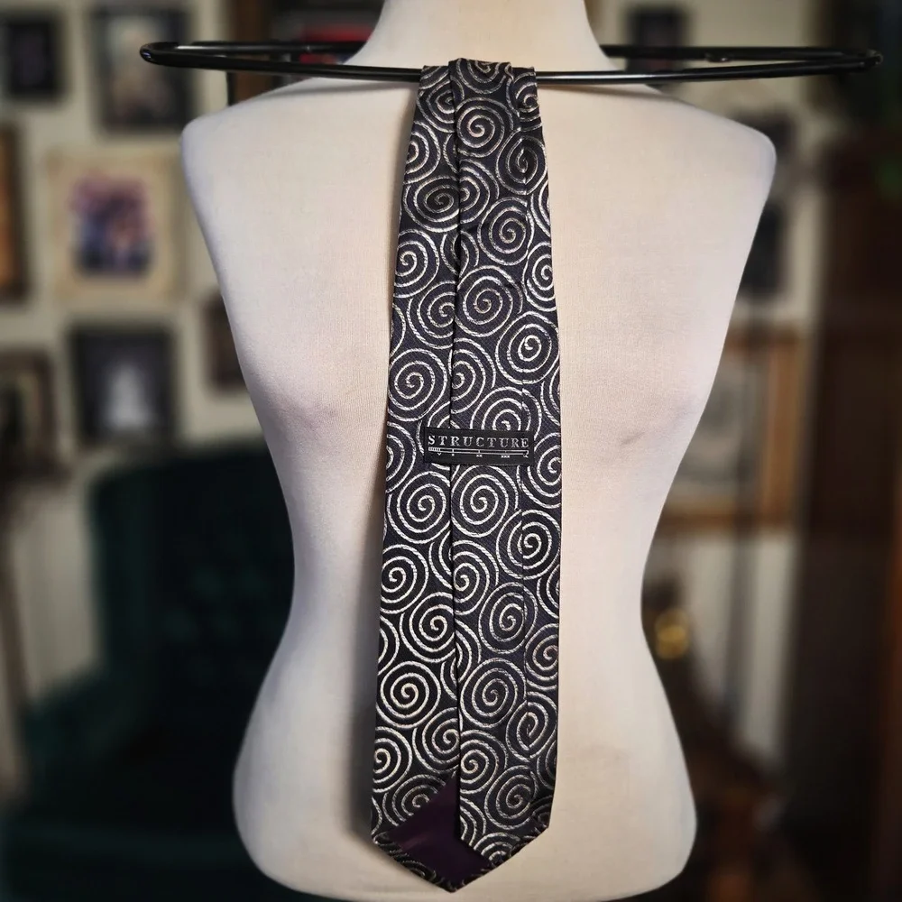 Structure Silk Tie Vintage 90s Mens Black Silver Swirl Geometric Geometric USA